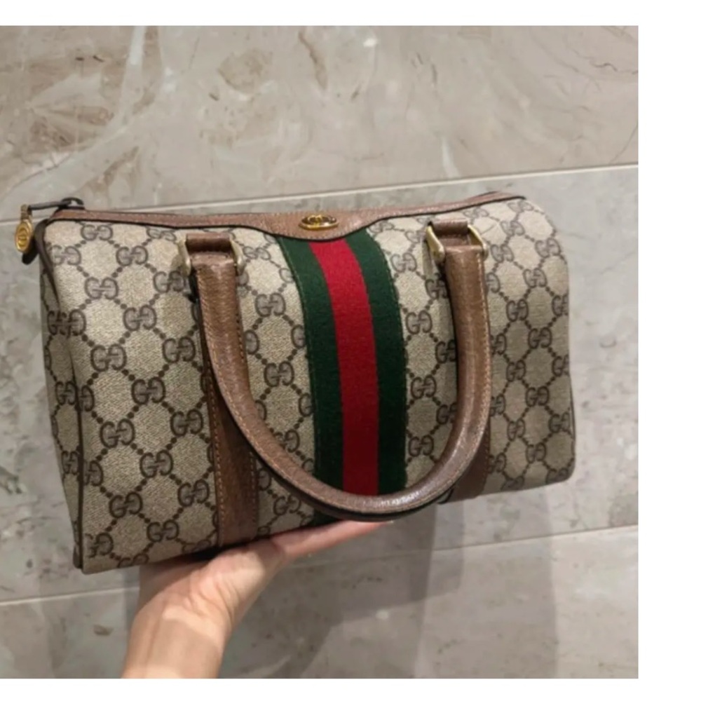 Gucci Ophidia Boston Bag with Brown and Green-Red Stripe.